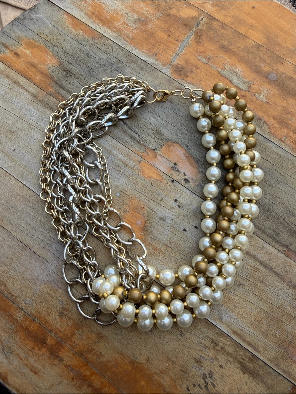 Chunky Multi Strand Pearl & Mixed Metal Chain Statement Necklace Gold Silver